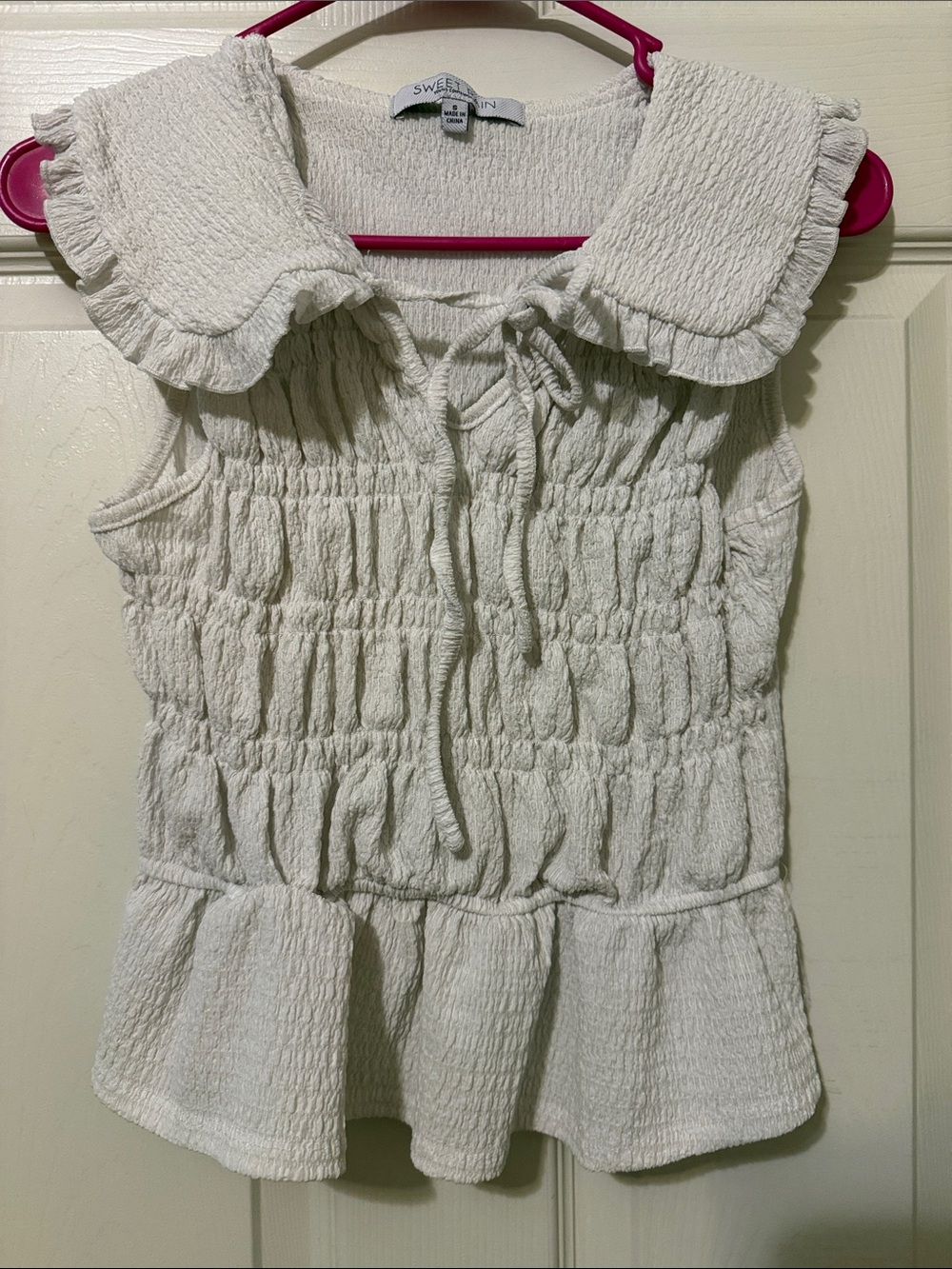Sweet Rain Cream Textured Smocked Tank with Ruffle Collar